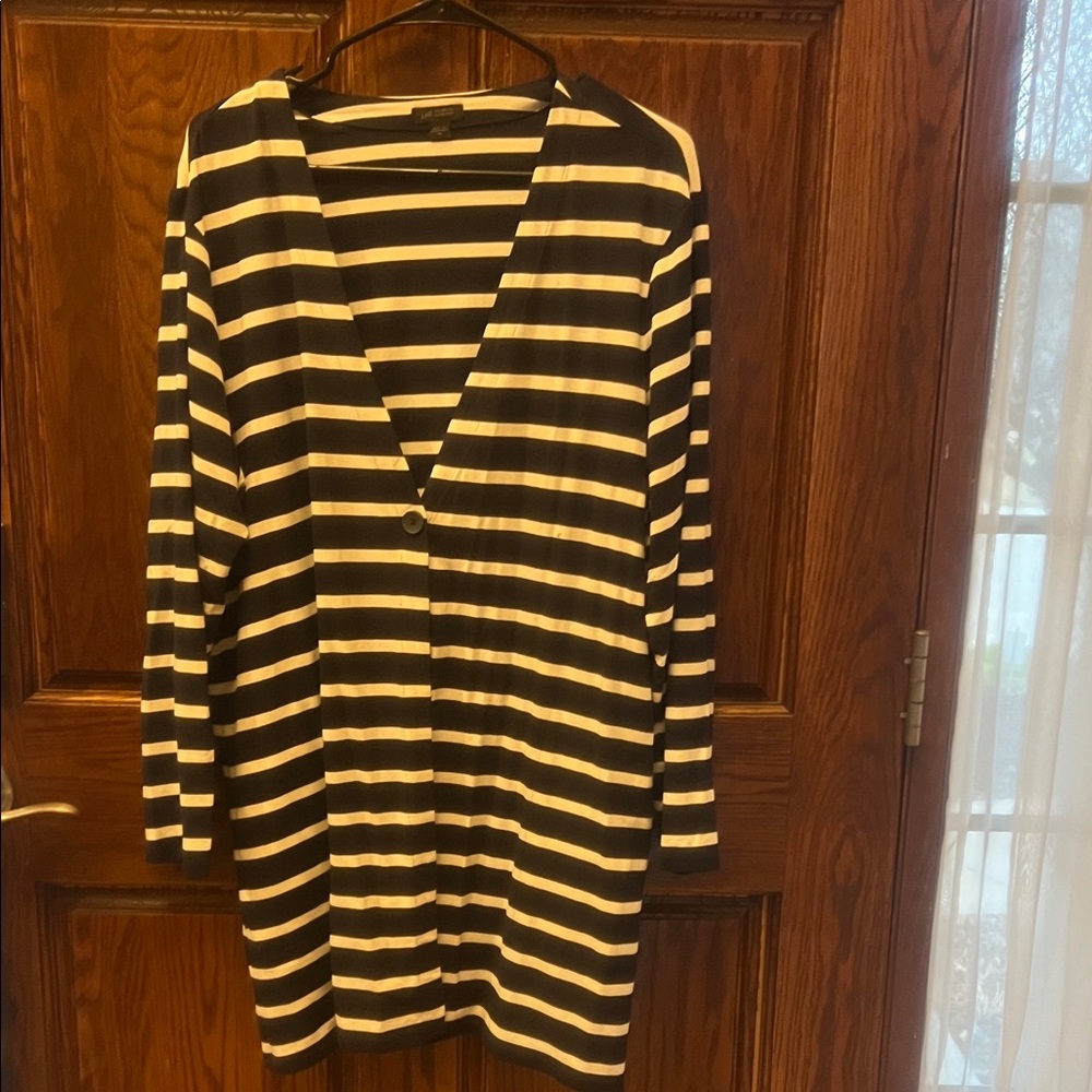 J Jill Navy and White Striped one-Button Cardigan